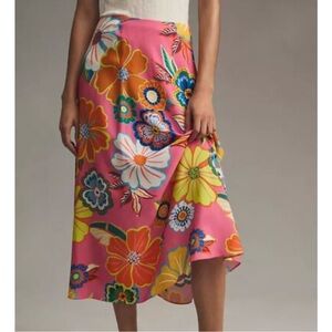New Anthropologie x Farm Rio Satin Slip Midi Skirt Floral Pink Sz M